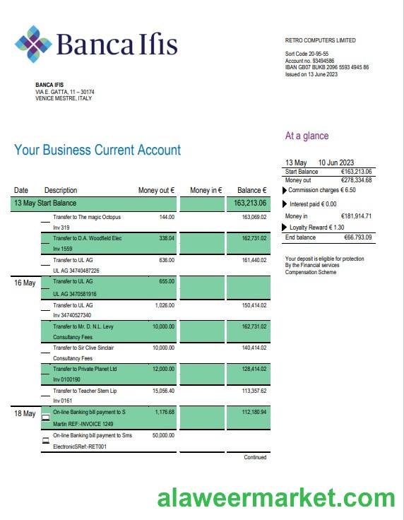 Banca IFIS business checking account statement Word and PDF template
